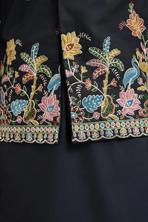 Designer Black Cotton Kurta With Embroidered Koti