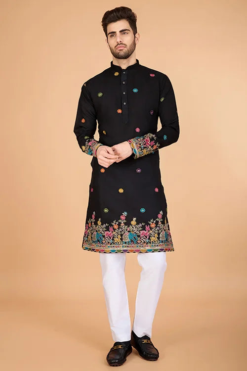 Black Designer Viscose Silk Kurta With Thread Work