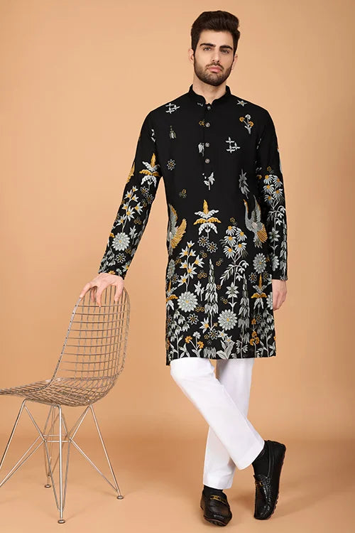 Black Designer Viscose Rayon Men's Kurta Online