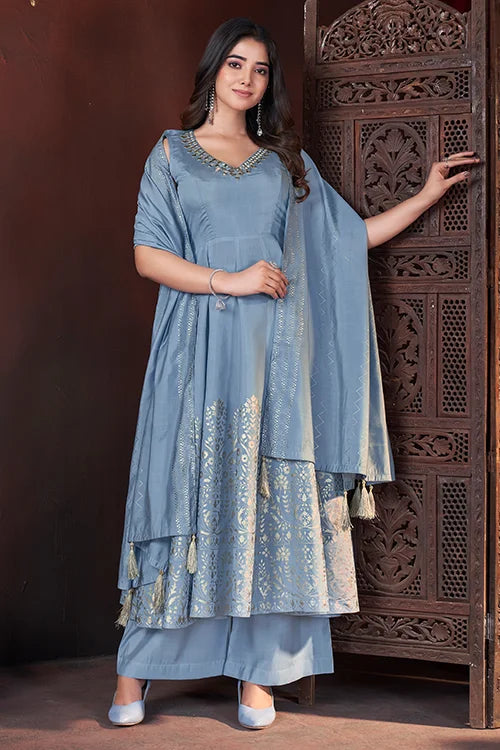 Beautiful Sky Color Ready To Wear Party Wear Salwar Suit