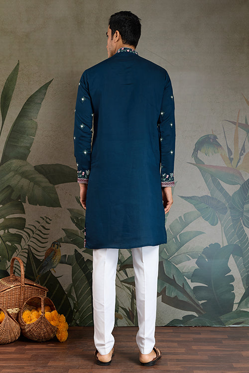 Wedding Special Teal Blue Embroidered Silk Kurta