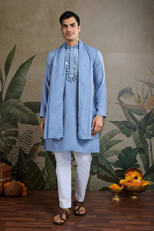 Light Blue Mirror Work Kurta – Elegant & Stylish