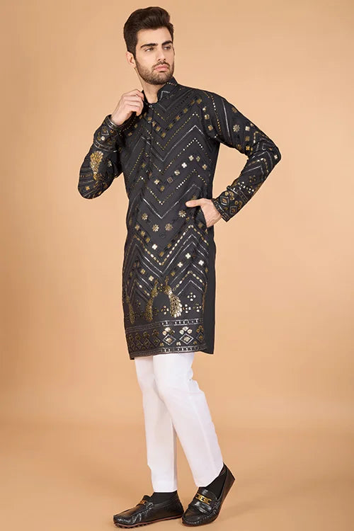 Traditional Cement Grey Silk Kurta With Thread Work