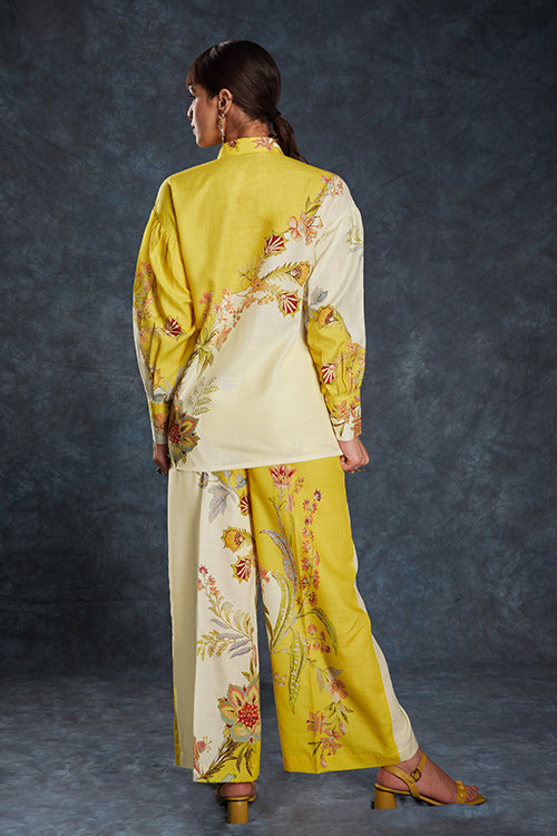 Yellow Linen Print Work Co-Ord Set