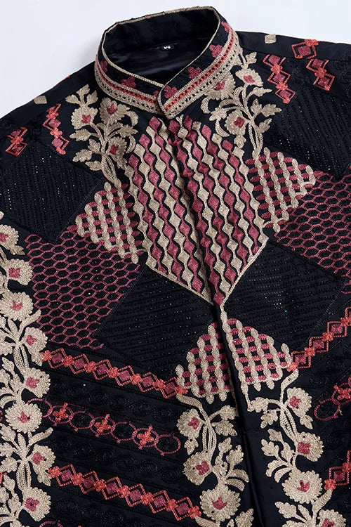 Black Viscose Silk Indian Designer Kurta With Koti For Men