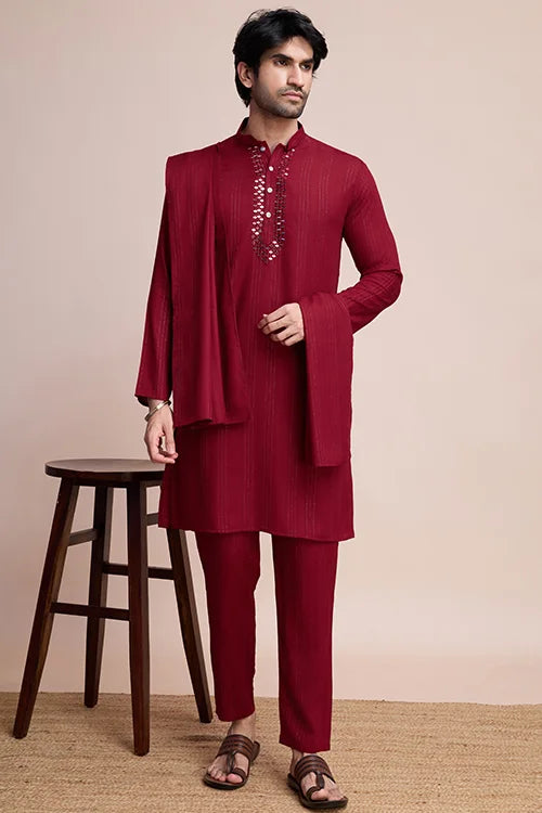 Maroon Color Kurta With Dupatta For Mens Wear