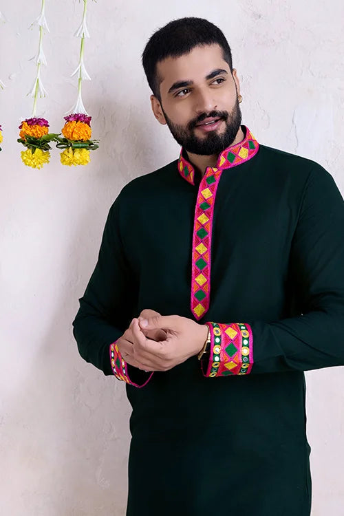 Green Color Men's Wear Embroidered Kurta with Dupatta Collection