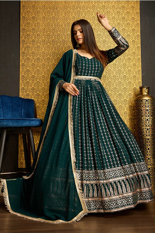 Green Color Designer Metalic Foil Work Ready To Wear Gown