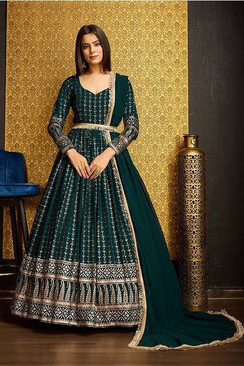 Green Color Designer Metalic Foil Work Ready To Wear Gown