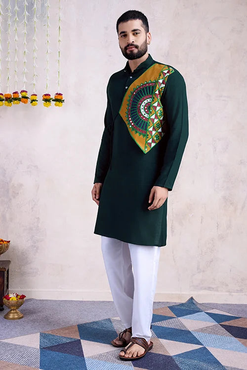 Green Color Ready To Wear Traditional Kurta For Mens Wear