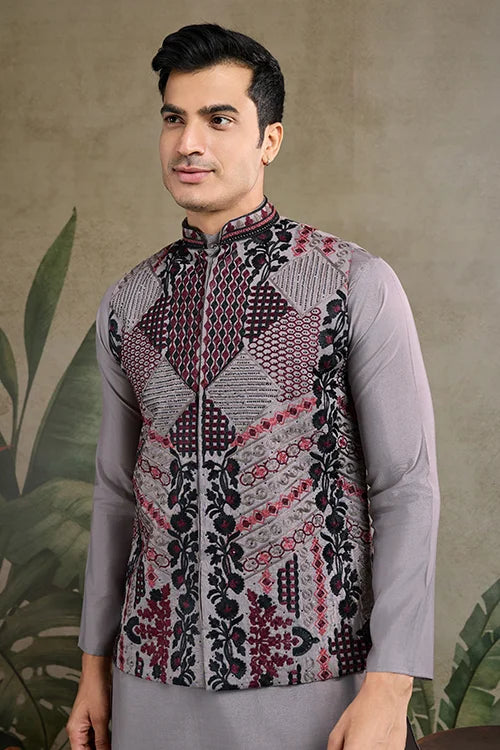 Latest Grey Silk Kurta With Swarovski Koti Jacket For Men’s
