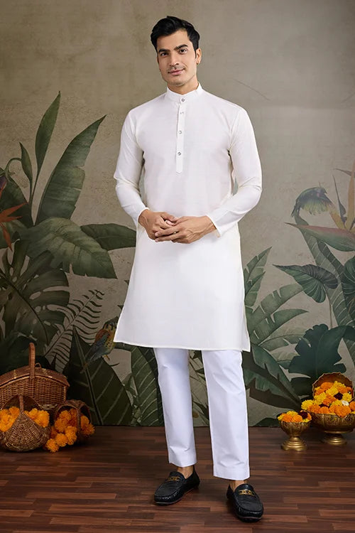 Off White Silk Kurta With Jacquard Koti Jacket