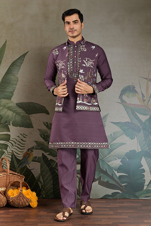 Traditional Rust Purple Kurta Pajama With Stylish Open Jacket