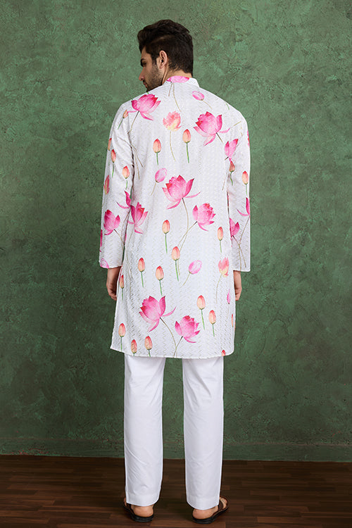 Buy Ethnic Style White & Pink Designer Kurta For Men