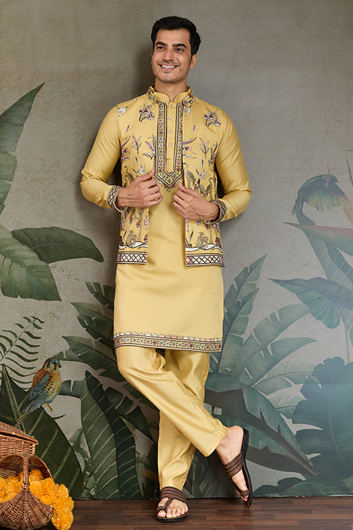 Haldi Special Yellow Kurta Pajama With Open Jacket For Men