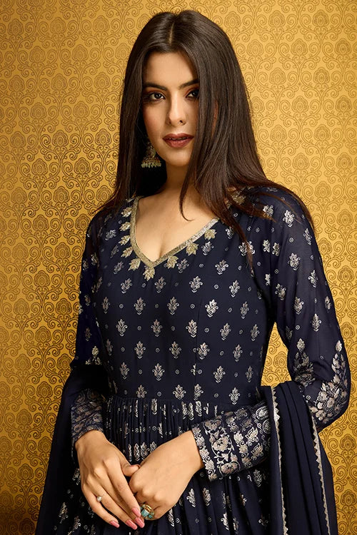 Attractive Navy Blue Foil Work Georgette Reception Wear Gown With Dupatta