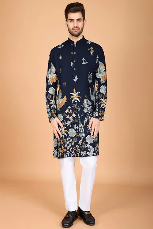 Navy Blue Traditional Look Ethnic Wear Kurta For Men