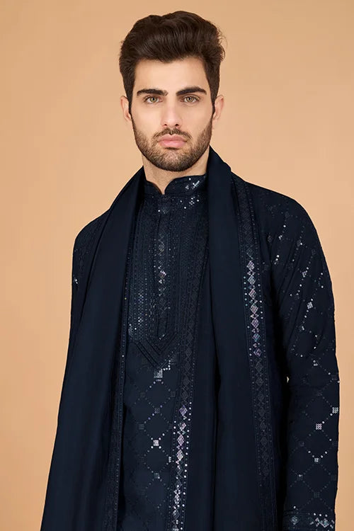 Navy Color Kurta With Dupatta For Mens Wear