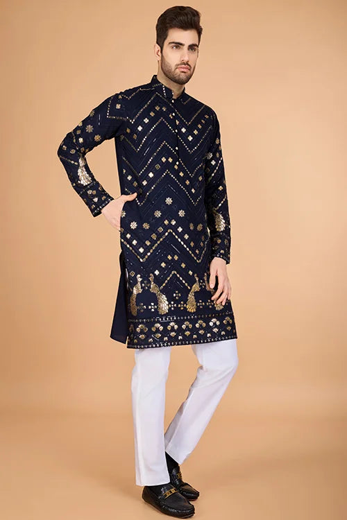 Navy Silk Embroidered Work Designer Men's Wear Kurta