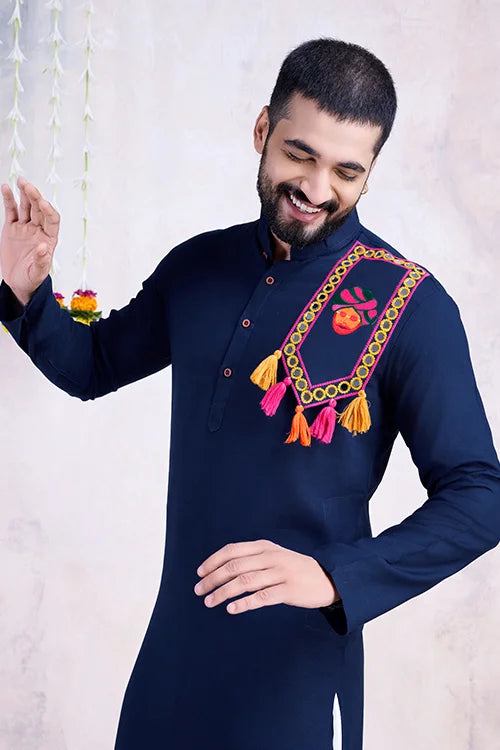 Navy Embroidered Men's Kurta - Formal Wear