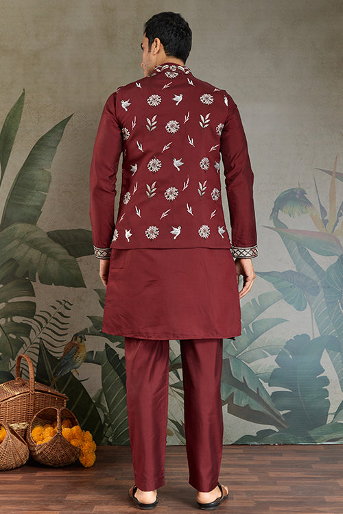 Wedding Special Maroon Jacket Style Kurta Pajama Full Set