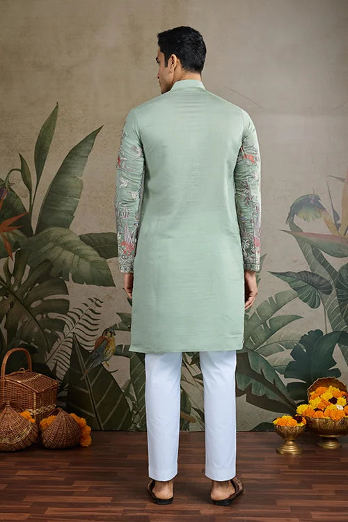 Designer Pista Green Viscose Silk Fancy Kurtas For Men