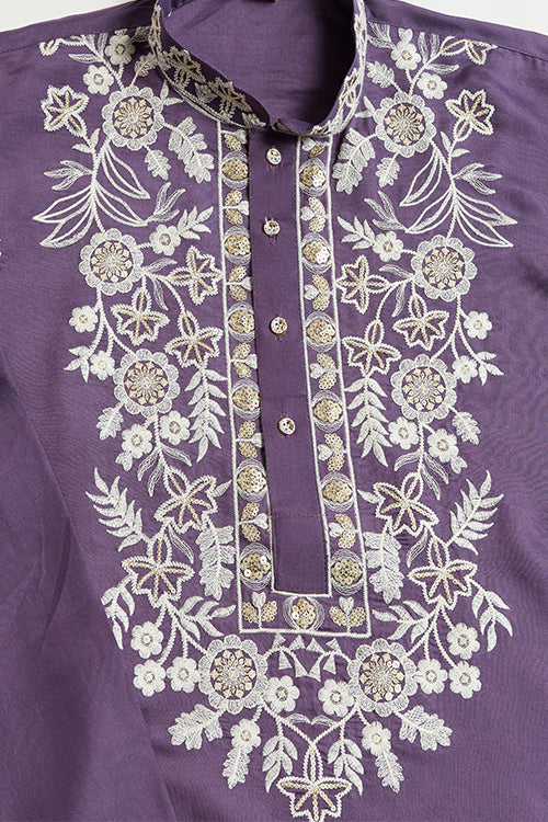 Pastel Purple Embroidered Viscose Silk Kurta Set