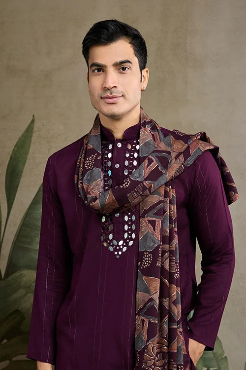 Purple Viscose Rayon Kurta With Jari & Mirror Work