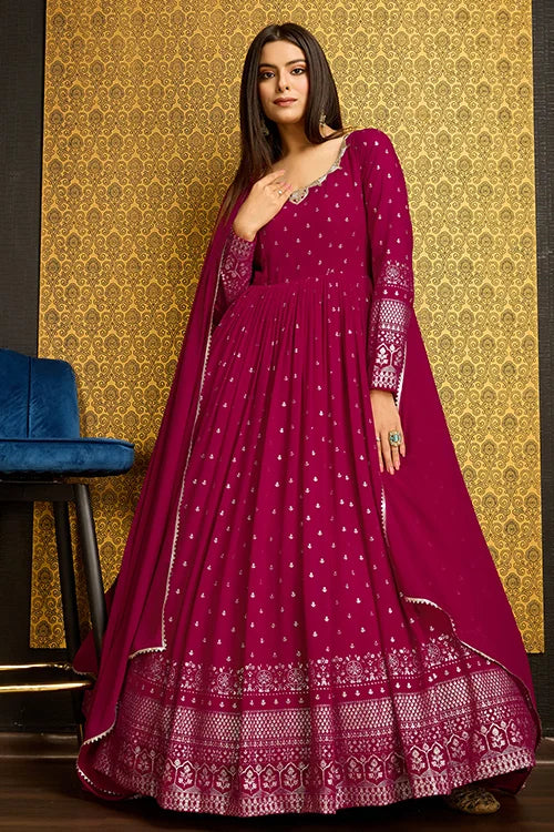 Exclusive Rani Color Metalic Foil Work Ready To Wear Gown