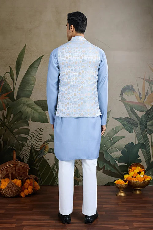 Traditional Sky Kurta Set With Koti Jacket