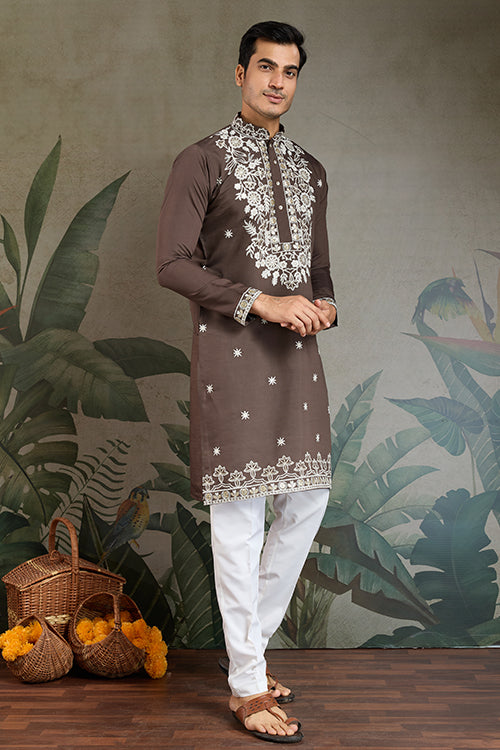 Wedding Functions Chocolate Gray Embroidered Kurta