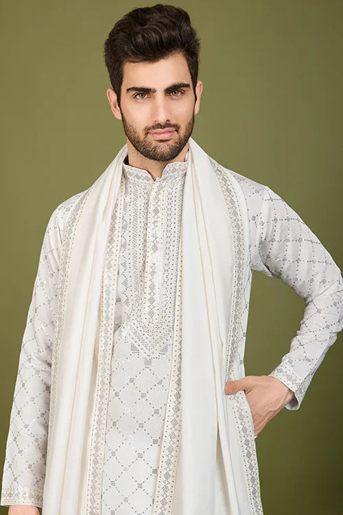 Designer White Viscose Silk Men's Kurta – Elegant Wedding Attire