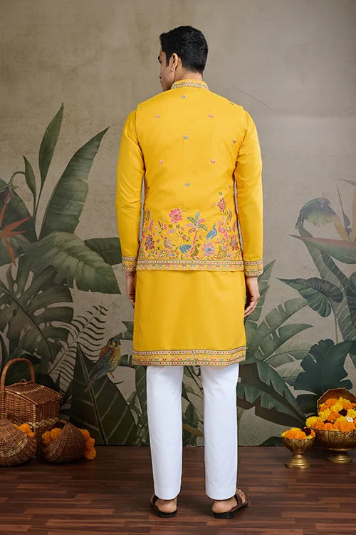 Designer Yellow Cotton Kurta With Koti Jacket Online