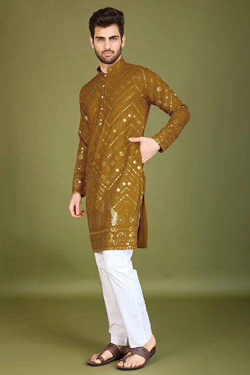 Traditional Embroidered Yellow Silk Kurta For Men