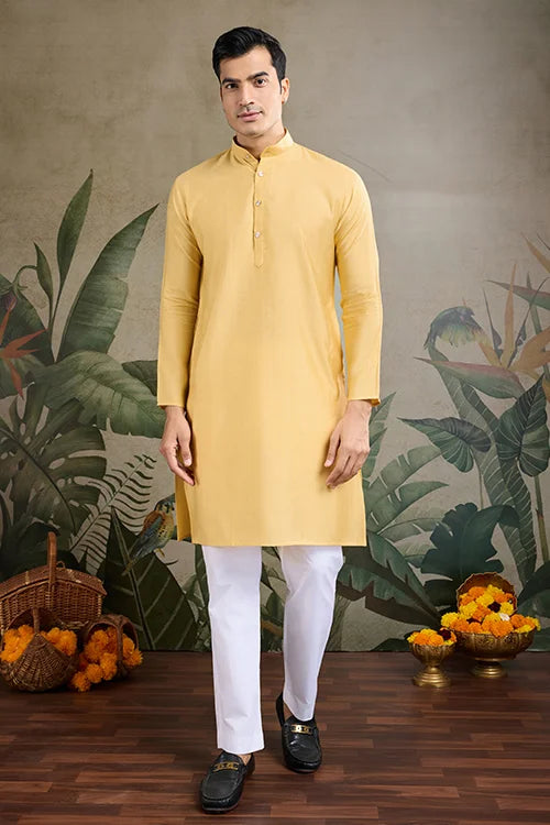 Yellow Roman Silk Kurta With Jacquard Koti Jacket