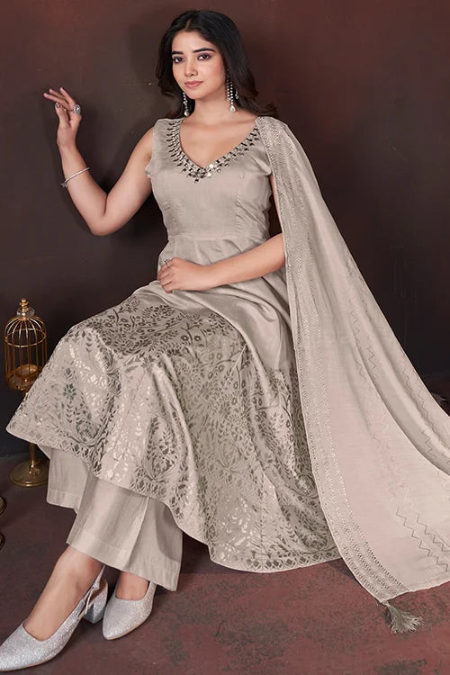 Ethnic Wear Special Off White Roman Silk Salwar Suit