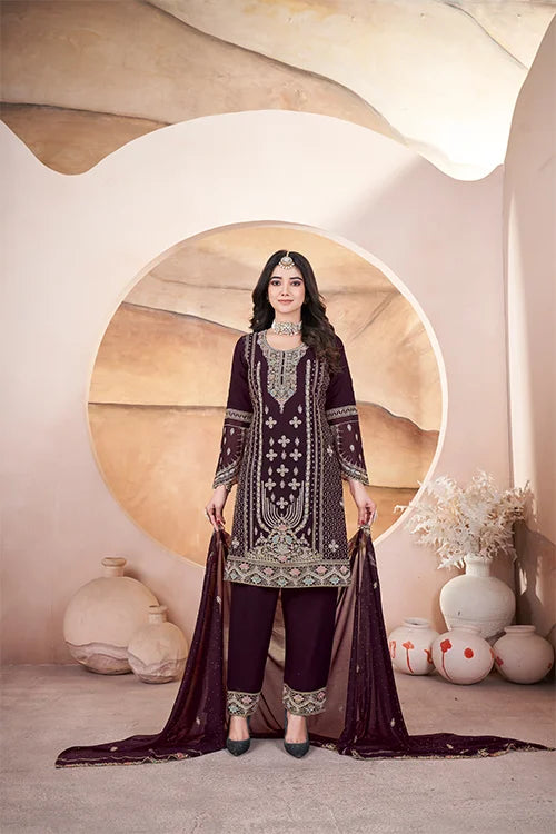 Brown Georgette Embroidered Pakistani Designs Suits