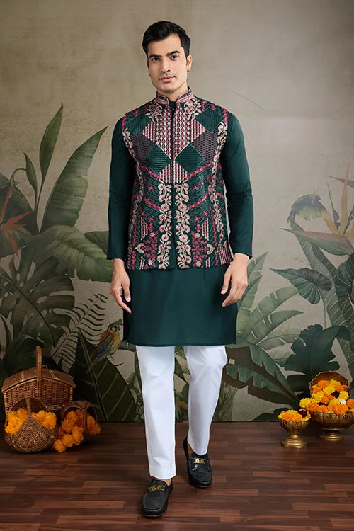 Designer And Stylish Green Men's Kurta Koti Set For Men