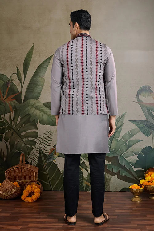 Latest Grey Silk Kurta With Swarovski Koti Jacket For Men’s