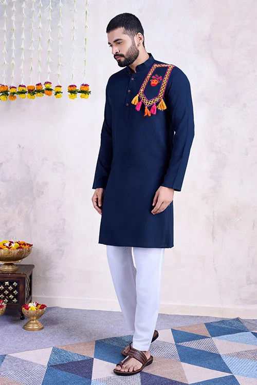 Navy Embroidered Men's Kurta - Formal Wear
