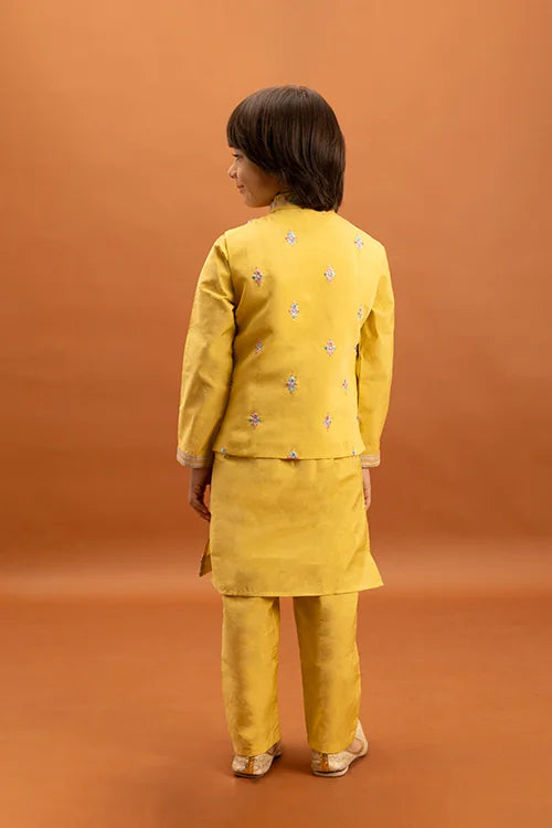 Haldi Celebration Kids Wear Yellow Kurta Pajama with Koti