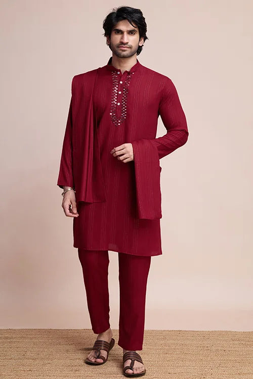 Maroon Color Kurta With Dupatta For Mens Wear