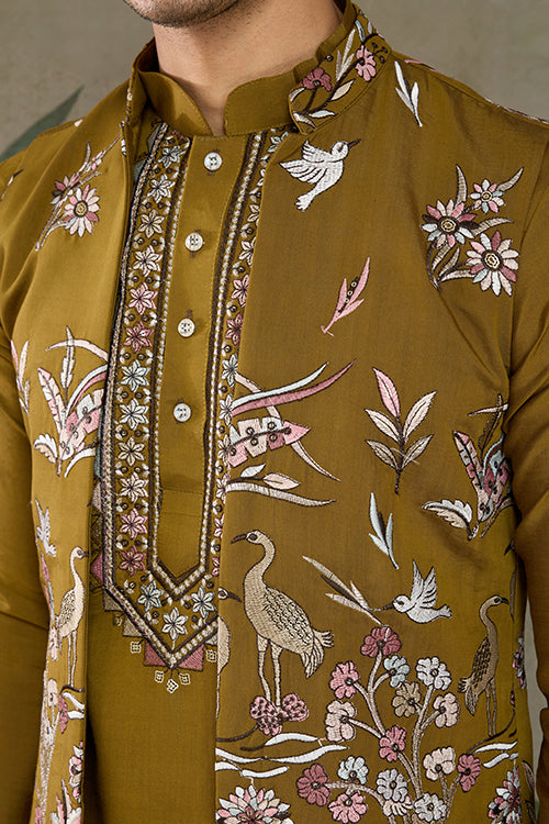 Wedding Special Golden Olive Kurta Pajama With Open Koti For Men