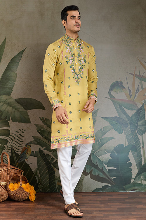 Embroidered Yellow Kurta For Men Wear