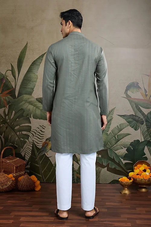 Silk Party Wear Rust Green Jari Work Kurta & Dupatta For Men's
