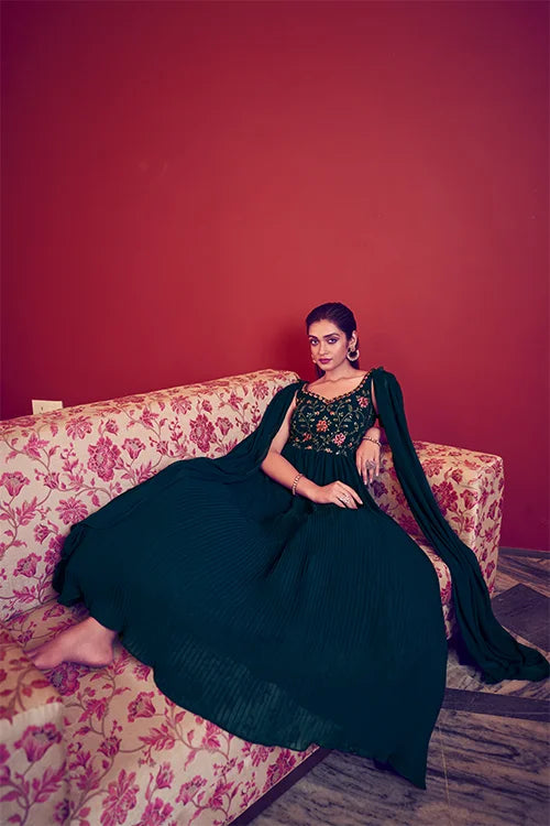 Teal Blue Ready To Wear Exclusive Traditional Look Embroidered Gown