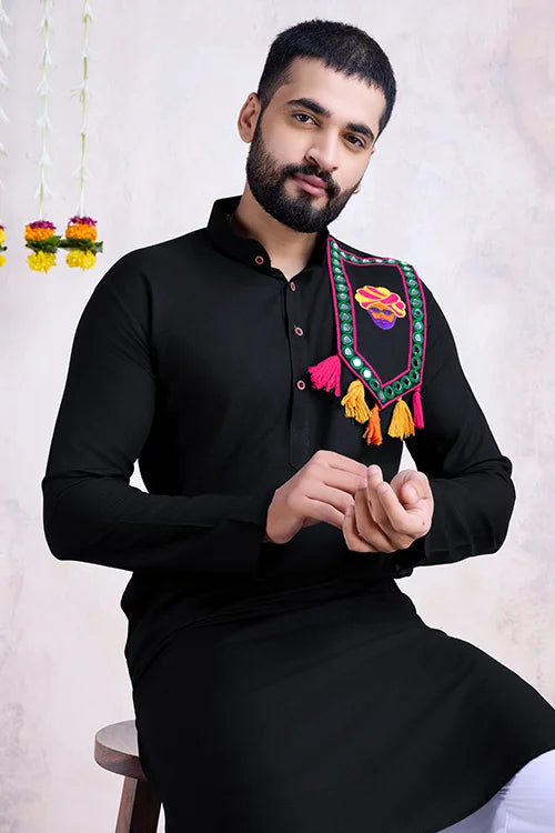 Real Mirror Work Navratri Special Black Color Mens Wear Kurta Collection