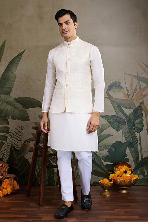 Off White Silk Kurta With Jacquard Koti Jacket