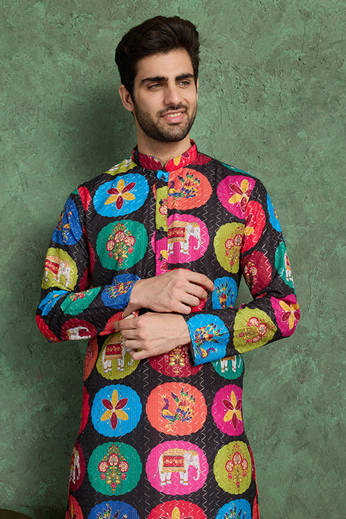 Multi Color Print With Embroidered Kurta And Pajama For Men