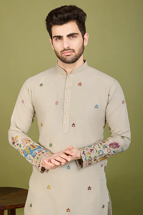Premium Beige Kurta With Embroidery Wedding Look For Mens Wear